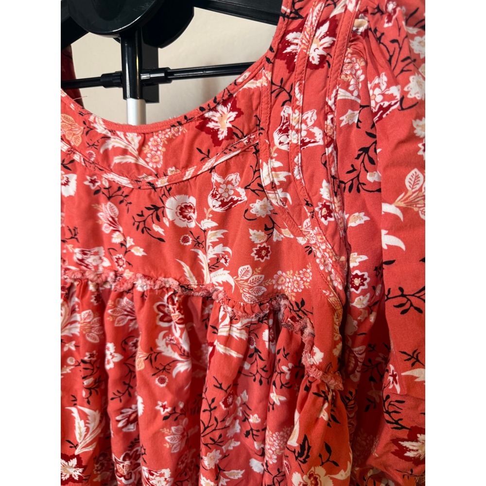 Easel Floral Babydoll Top Coral Orange Puff Sleeve Boho Blouse Rayon Large